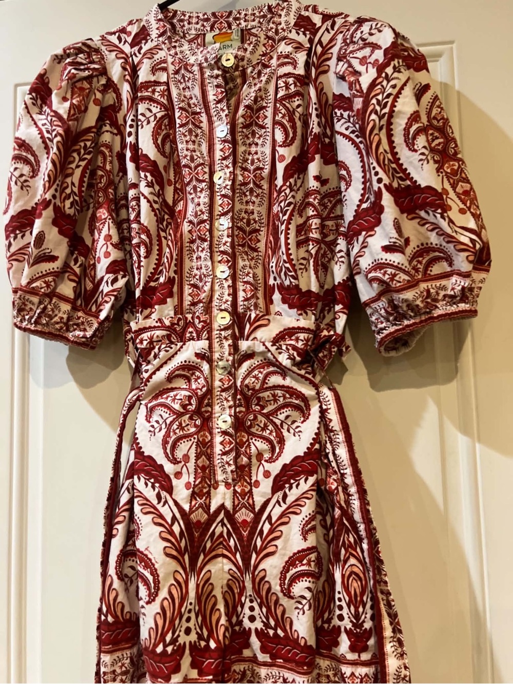 FARM Rio Boho Cream and Burgundy Paisley-Print Button Romper Size Large